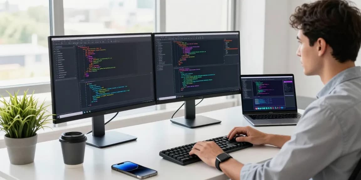 Download Telegram app at a modern tech workspace with coding setup and gadgets.