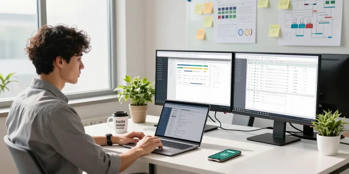 Engaged professional using WhatsApp網頁版 on laptop, with a collaborative workspace background.