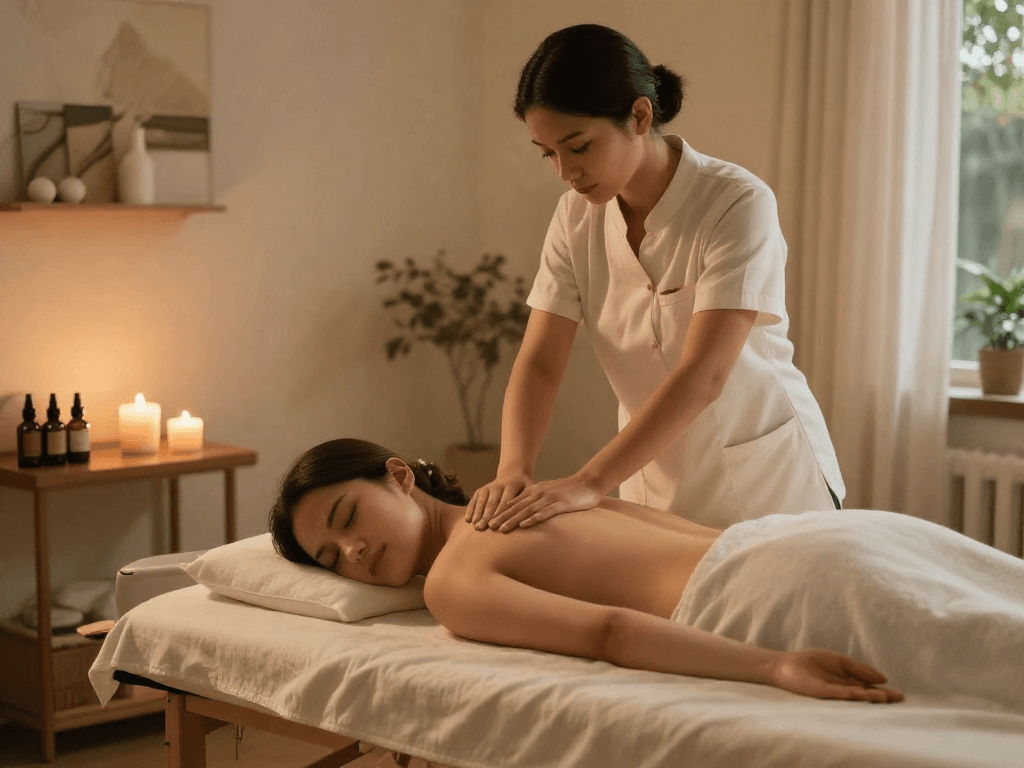 Experience 천호출장안마 in a serene home massage setting with soothing atmosphere and professional therapist.