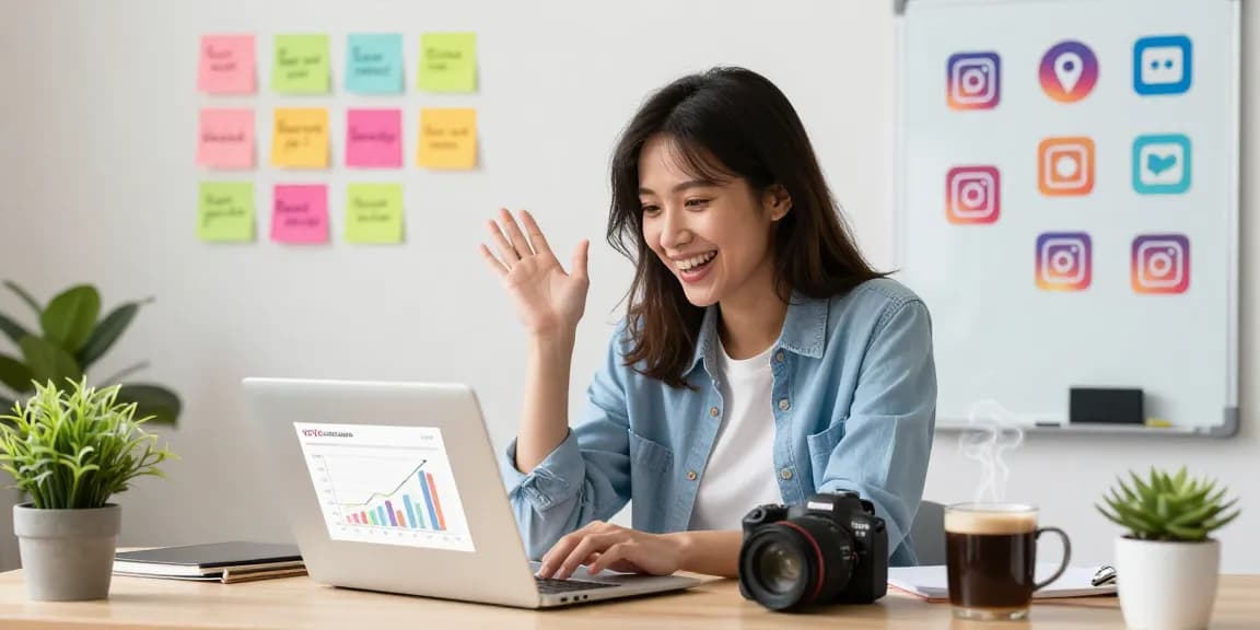 若い女性がインスタグラムのフォロワーを増やすためにインスタフォロワー購入安い戦略を示す魅力的なホームオフィスシーン。