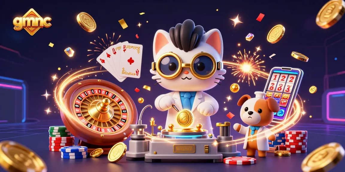 Experience gmnc risk management in this vibrant illustration featuring a mad scientist cat and loyal dog in a casino