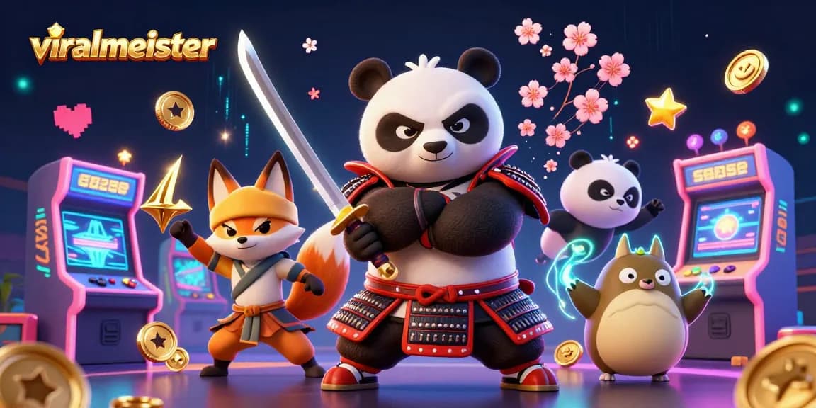 Win at viralmeister with a thrilling 3D samurai panda and ninja fox in a vibrant gaming scene.