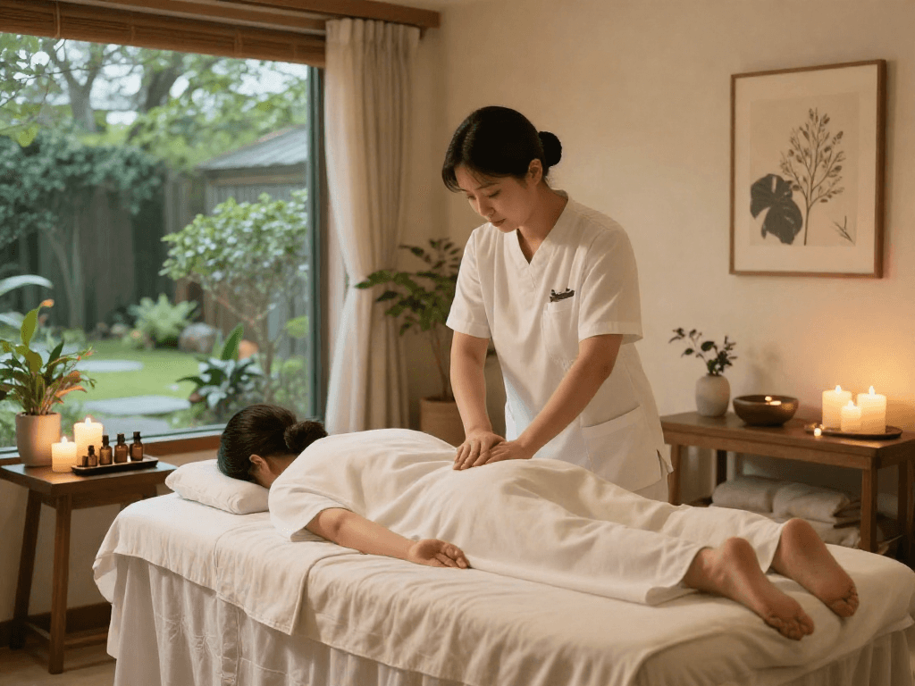 Relaxing 안양출장안마 spa scene with a therapist working on a client in a tranquil setting