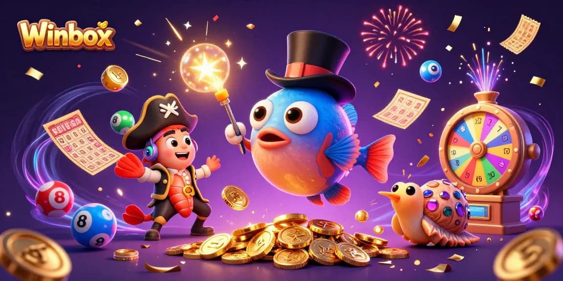 Winbox scene with an anglerfish, shrimp, and snail amidst colorful lottery balls and a prize wheel.