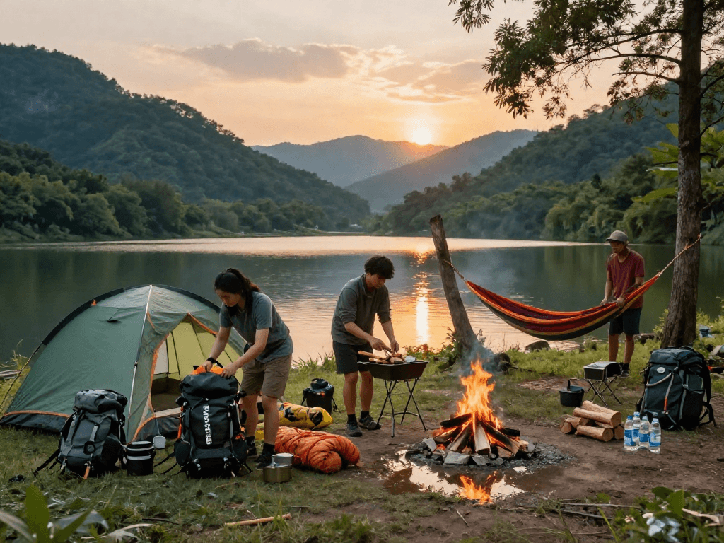 Friends enjoying outdoor adventures with ROKOK88 camping gear by a lakeside during sunset.