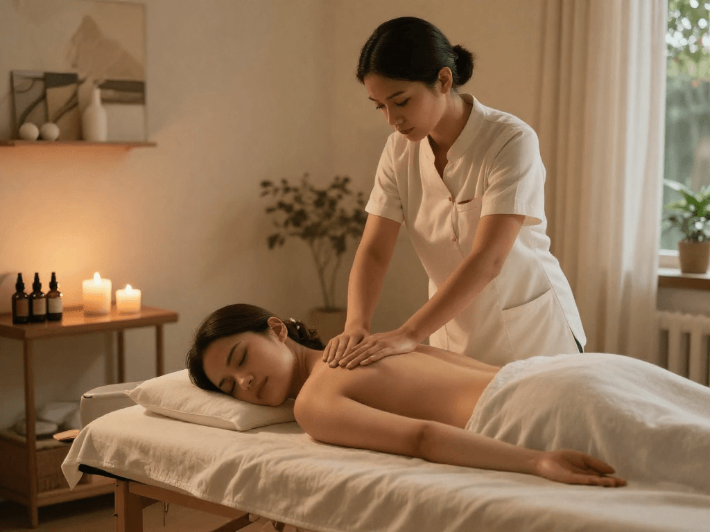 Experience 천호출장안마 in a serene home massage setting with soothing atmosphere and professional therapist.