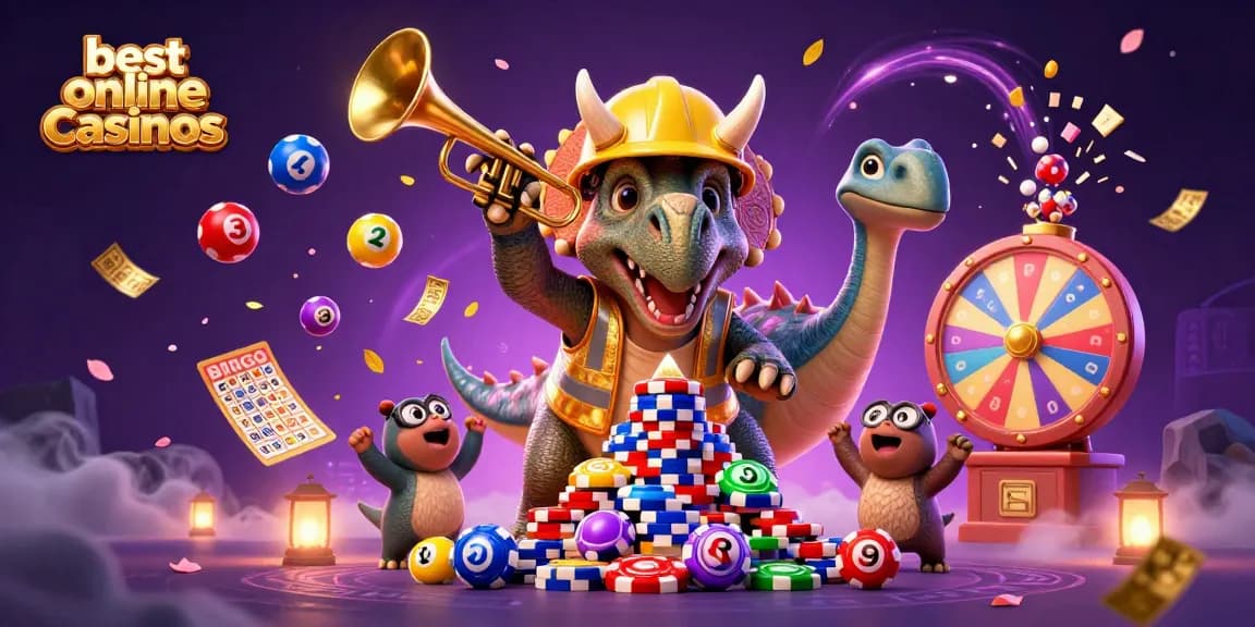 Experience the best online casinos featuring a triceratops building poker chips amid vibrant celebrations.