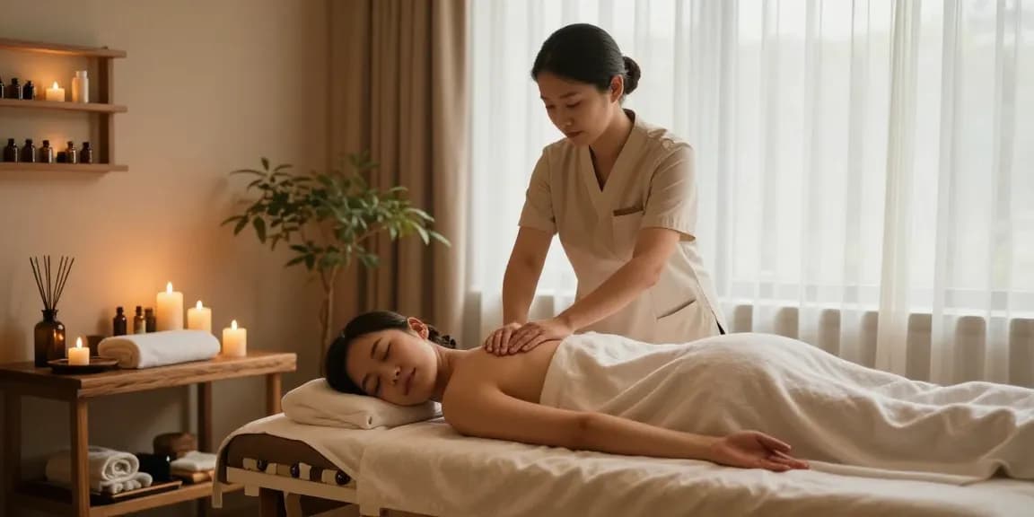 천안마사지에서 편안한 마사지를 받는 모습, 아늑한 분위기로 스트레스 해소와 이완을 제공합니다.
