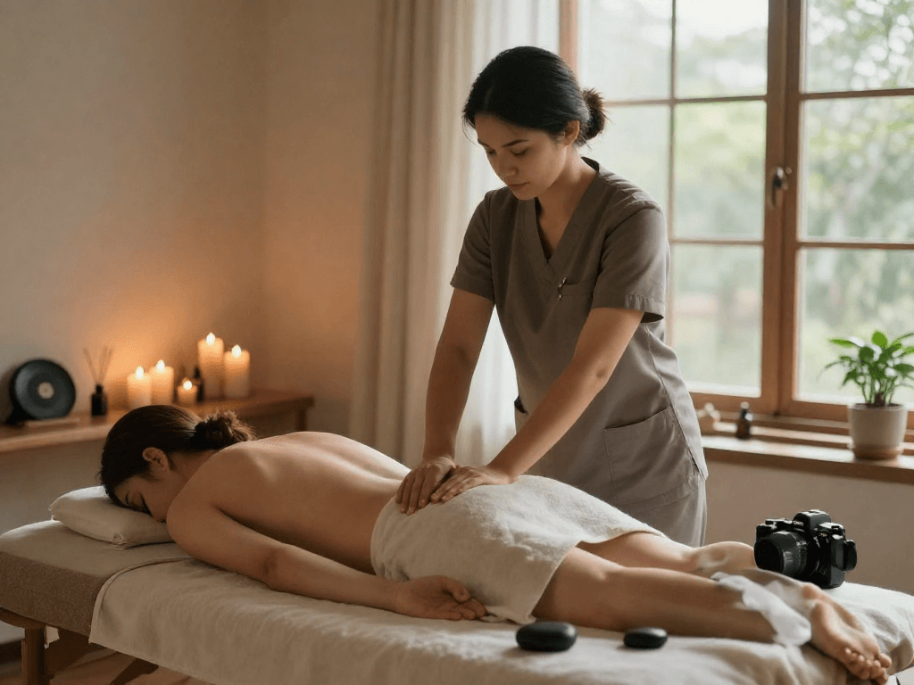 출장마사지 session with a therapist providing relaxation and comfort in a tranquil home setting.