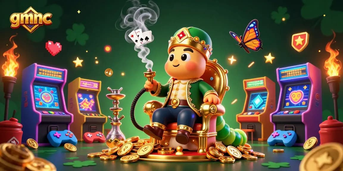 Experience gmnc's gaming adventure with vibrant casino elements and a mystical caterpillar character.