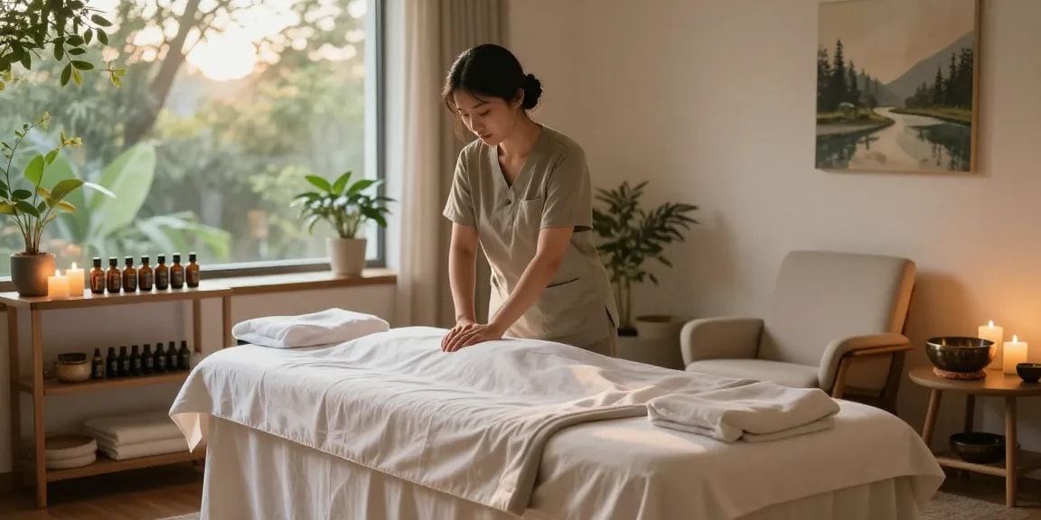 Experience 출장안마 with a tranquil massage therapy setup featuring soothing decor and calming aromas.