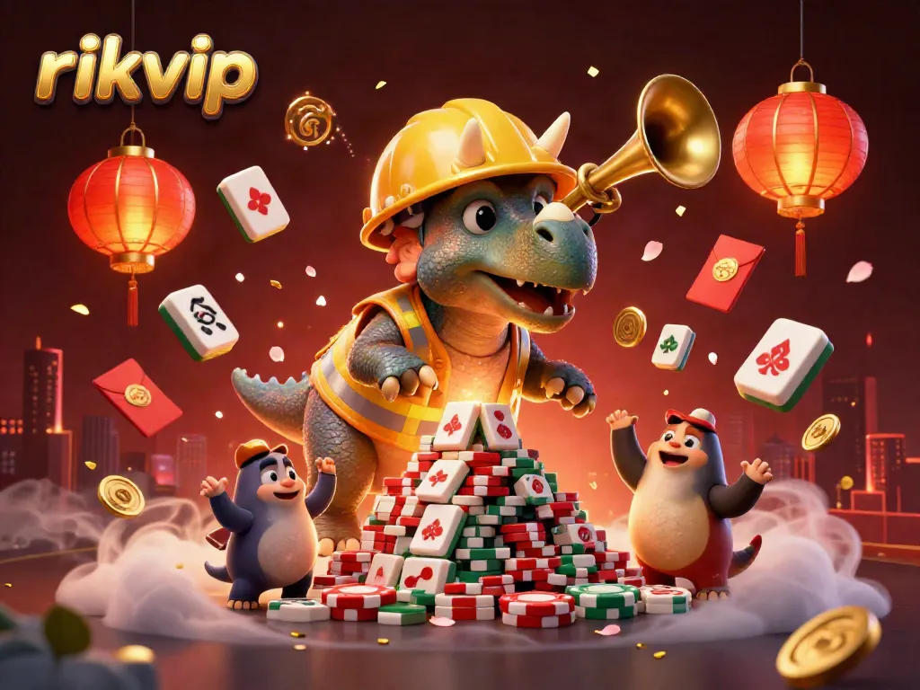 Experience excitement at rikvip with 3D cartoon characters building poker chip pyramids amidst festive elements.