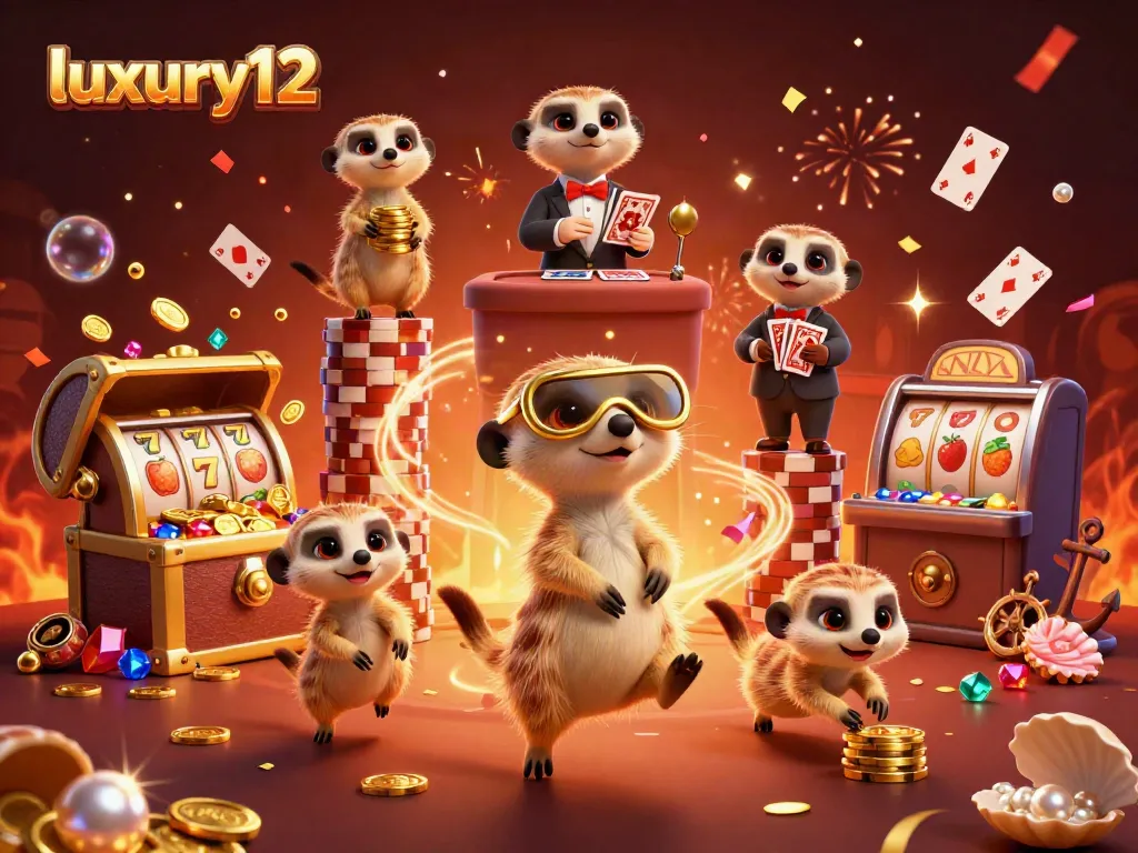 Experience the thrill of luxury12 slots with meerkats running a vibrant casino full of gold and excitement.