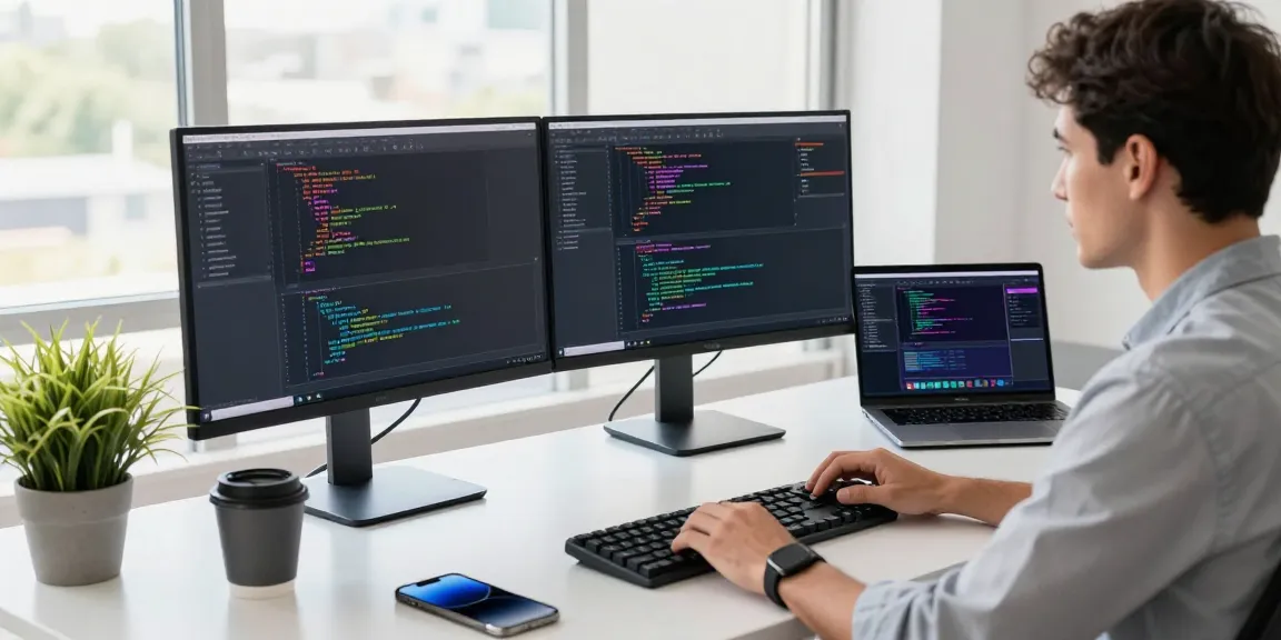 Download Telegram app at a modern tech workspace with coding setup and gadgets.