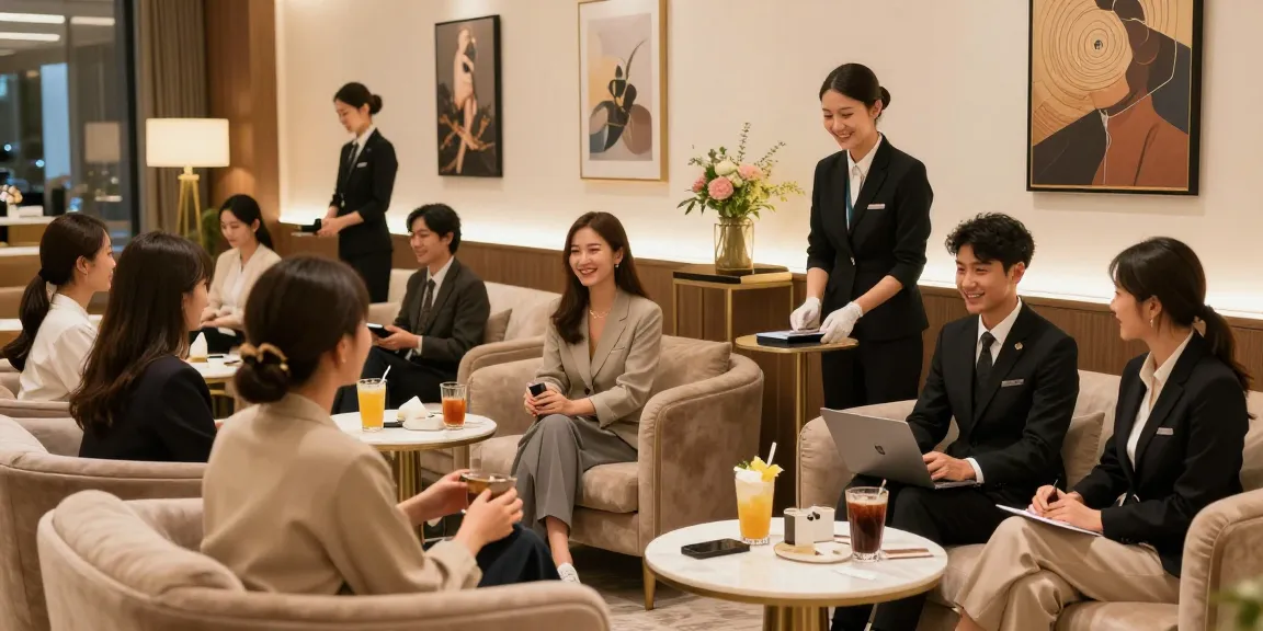 오피 service experience in a luxurious lounge with professional staff and guests enjoying relaxing ambiance.