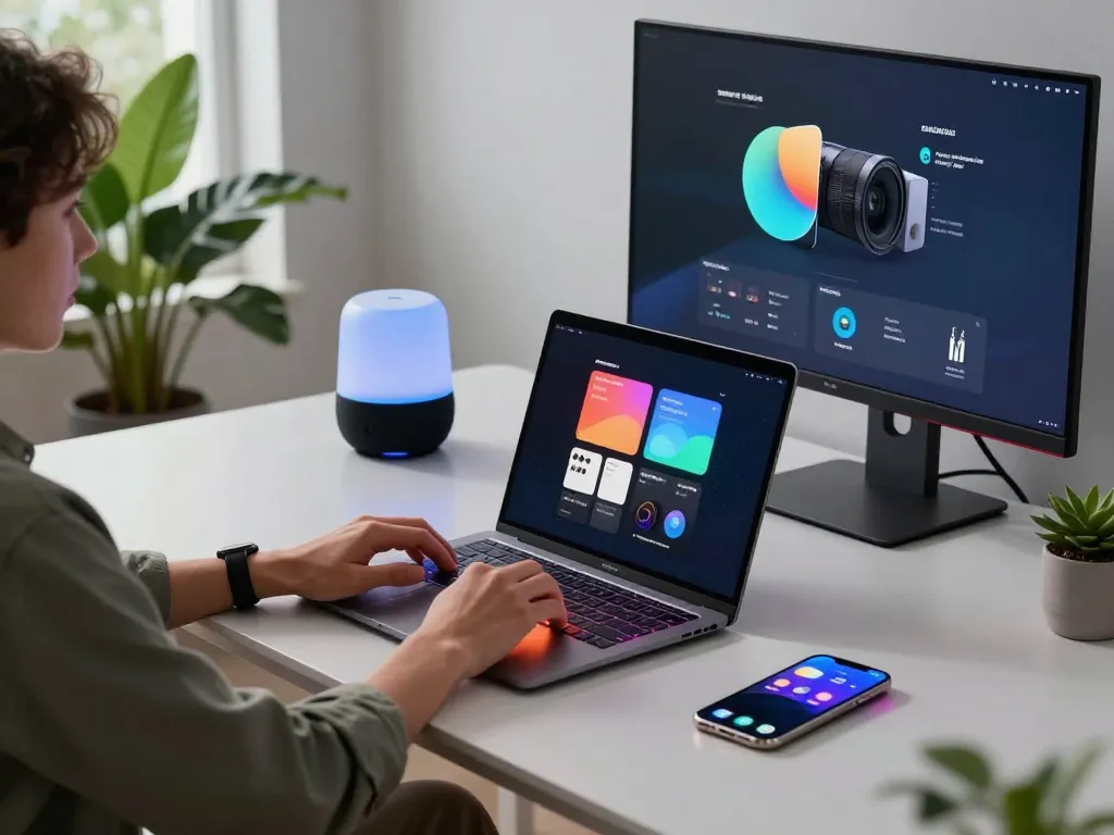 Innovative tech gadgets displayed in a modern workspace, featuring a Bluetooth controller and smart speaker.