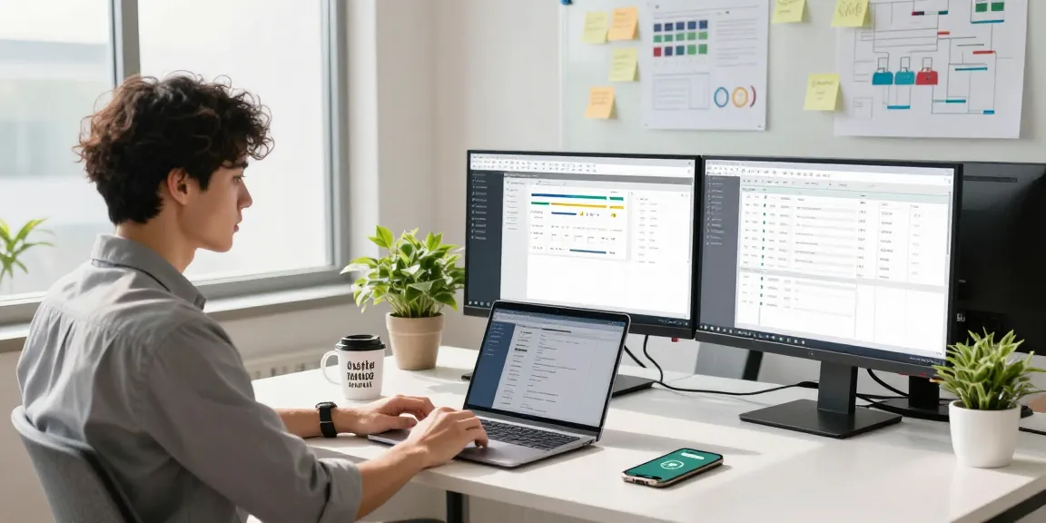 Engaged professional using WhatsApp網頁版 on laptop, with a collaborative workspace background.