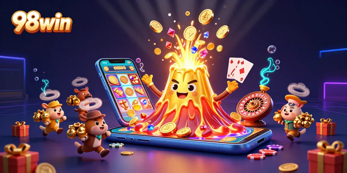 Spin and win at 98win with vibrant casino-themed treasures erupting in a 3D scene.