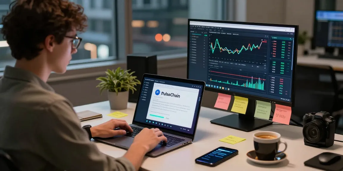PulseChain Bridge interface displayed on a modern laptop in a high-tech workspace, showcasing cryptocurrency transactions.