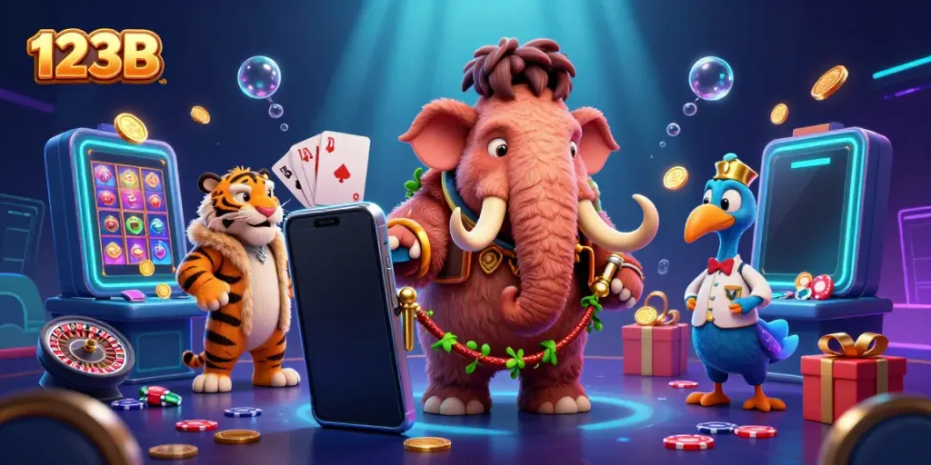 Experience the vibrant world of 123B with a cartoon casino scene featuring a woolly mammoth bouncer and a saber-tooth tiger guest.