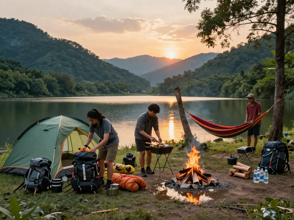 Friends enjoying outdoor adventures with ROKOK88 camping gear by a lakeside during sunset.