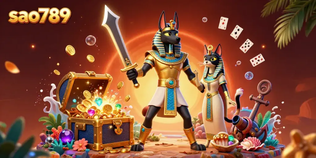 Claim your treasure at sao789 with Anubis and Bastet in a dynamic casino illustration!