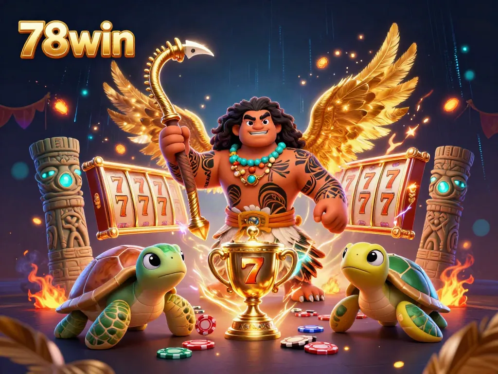 Join the excitement of 78win with a vibrant scene showcasing dynamic slot reels and jackpot wins.