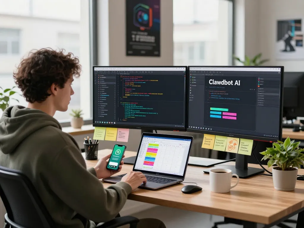 Developer utilizing Clawdbot AI at a modern tech workspace with dual monitors, coding and messaging seamlessly.