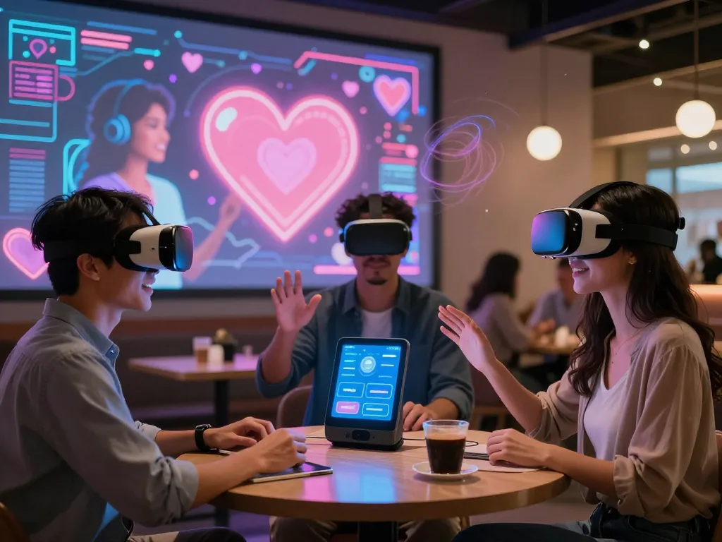 Engaging AI sex virtual reality dating scene with diverse avatars and digital ambiance.