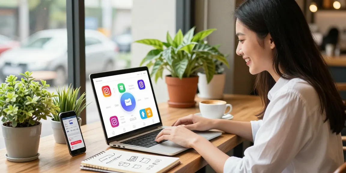 インスタフォロワーを購入することを検討している若いプロフェッショナルがカフェで作業している様子