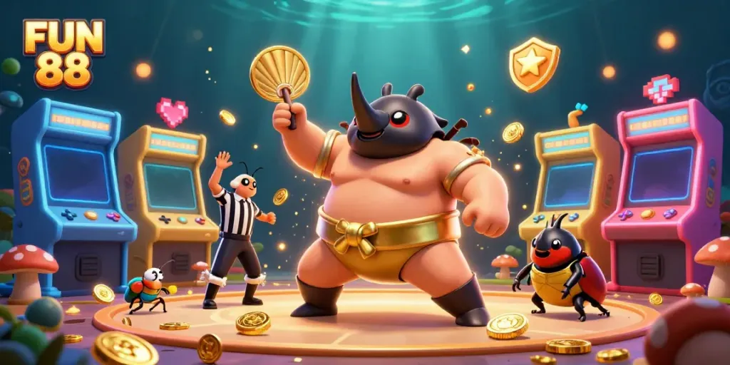 Experience exciting moments with FUN 88 where a beetle champion and cricket referee celebrate with flying coins.