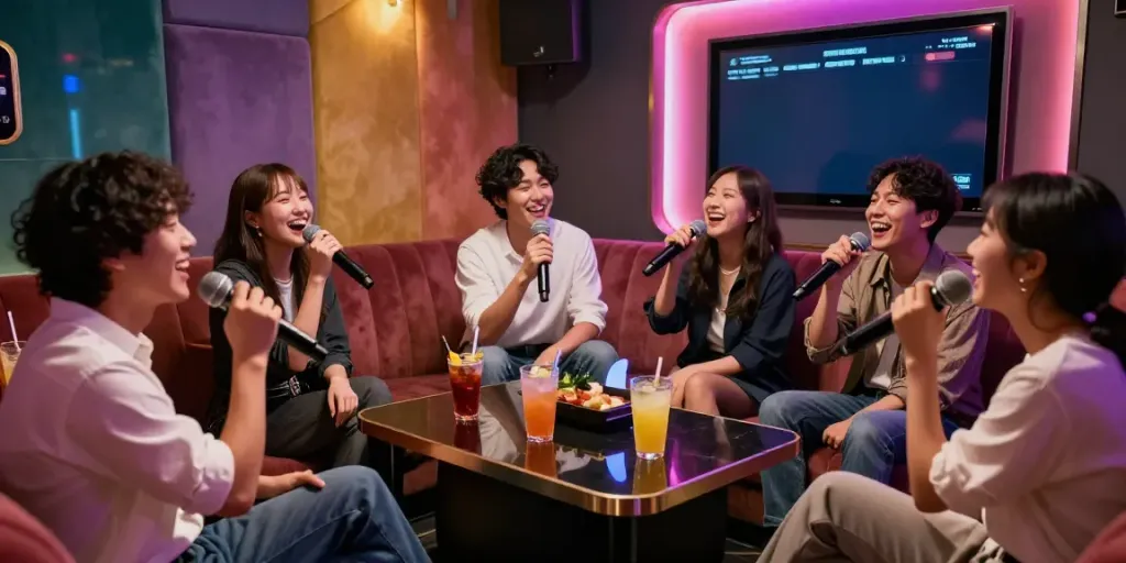 강남도파민 가라오케에서 즐거운 친구들과의 사교 모임, 색색의 조명 아래 대화와 노래를 즐기는 장면