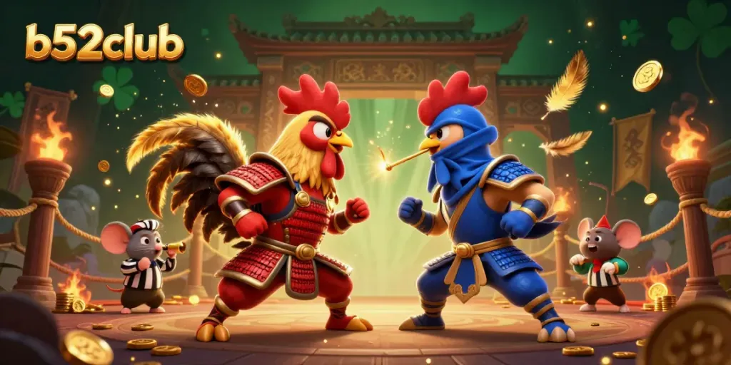 Experience the excitement of b52club as cartoon roosters battle in a colorful casino arena.