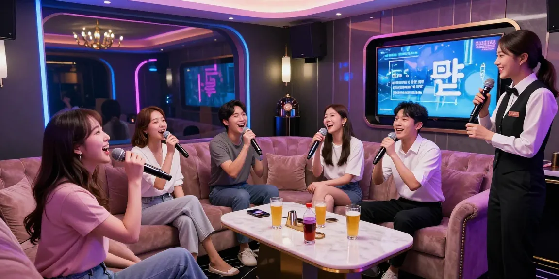 강남 달토에서 즐거운 분위기의 룸에서 친구들과 함께 노래하는 장면