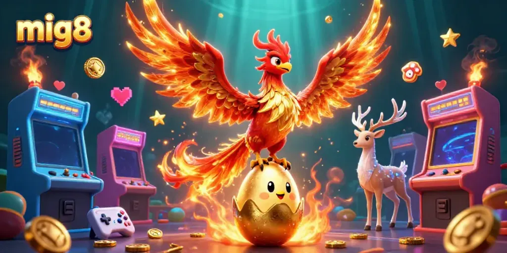 Experience thrilling gameplay at mig8 with fantastic 3D gaming characters surrounded by vibrant casino elements.