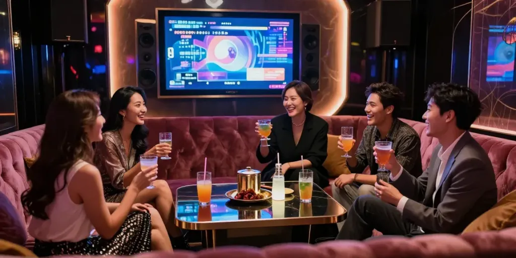 강남달토의 고급스러운 노래방에서 친구들이 즐겁게 시간을 보내는 모습