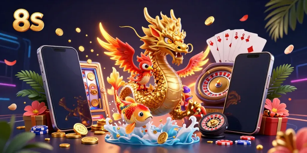 Engage with the 8 S slots adventure featuring a dragon, phoenix, and koi amidst vibrant gaming elements.