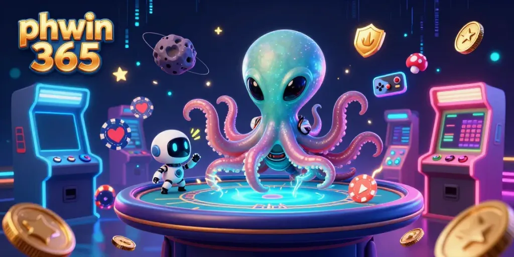 Join the thrilling adventure of phwin 365 with alien octopus and robot at a holographic poker table.