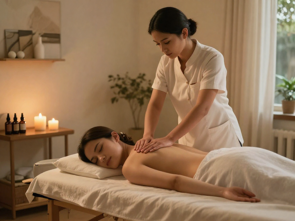 Experience 천호출장안마 in a serene home massage setting with soothing atmosphere and professional therapist.