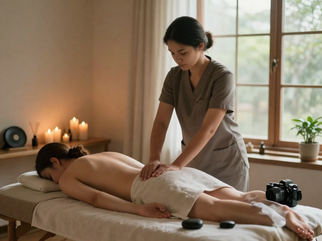 출장마사지 session with a therapist providing relaxation and comfort in a tranquil home setting.