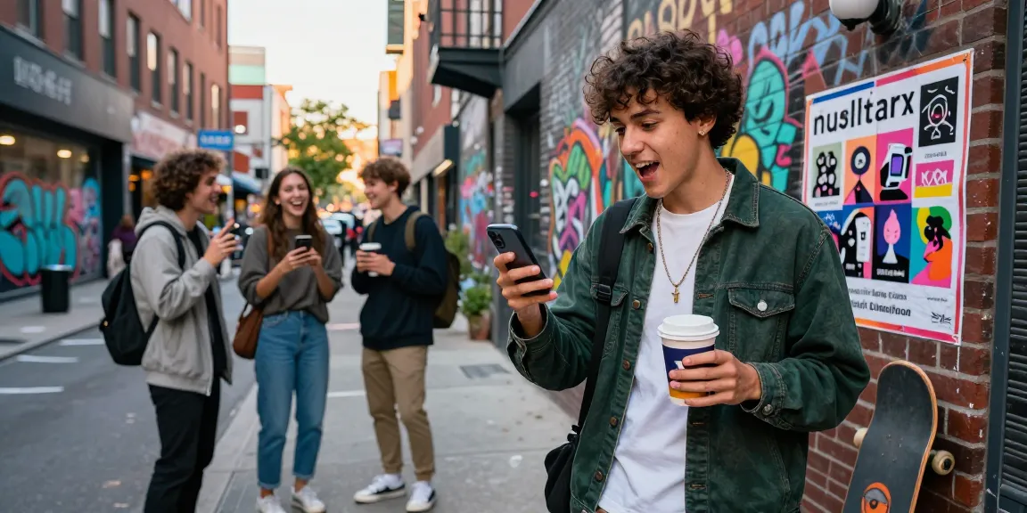 インスタグラムフォロワー購入のための活動を楽しむ若者たちの街のシーン