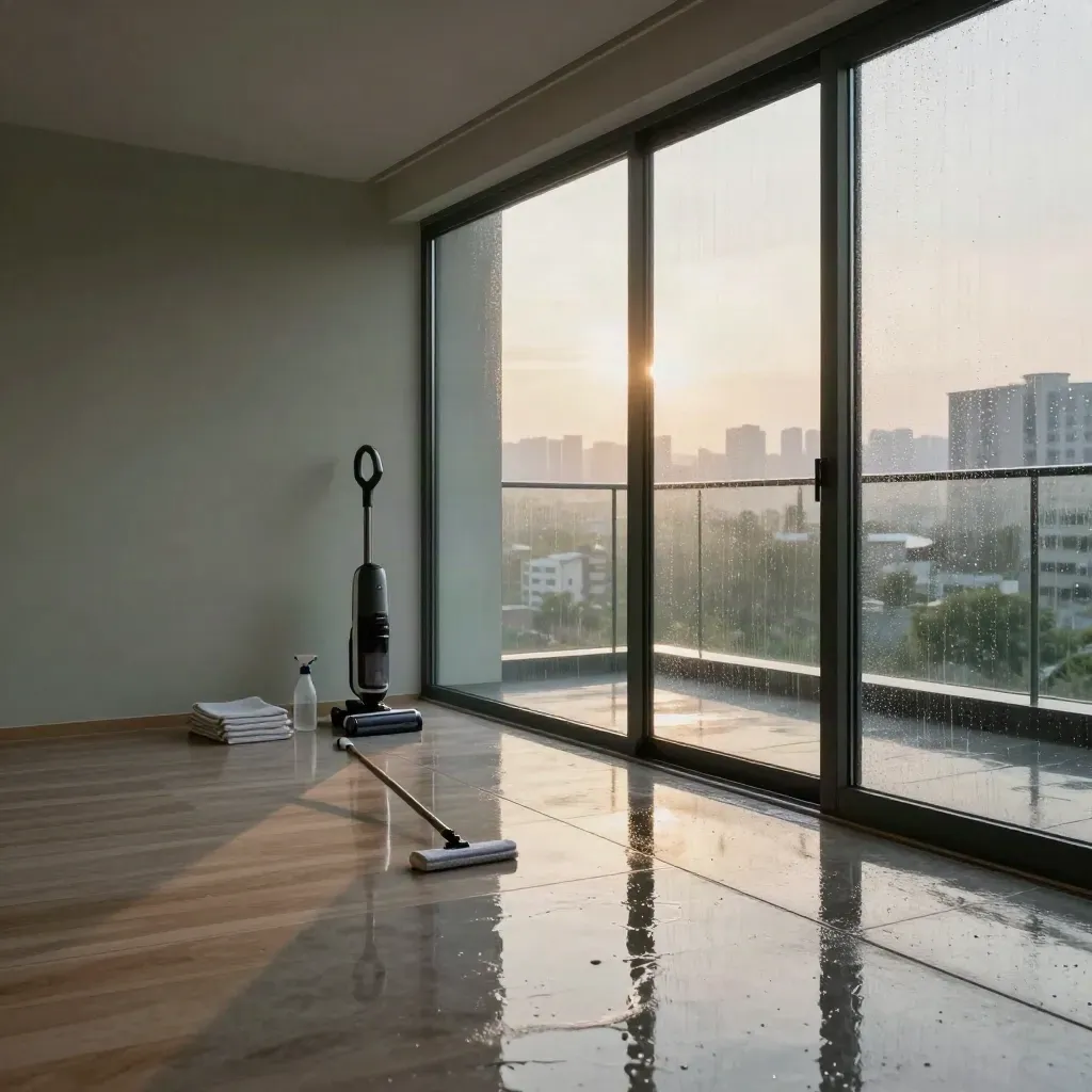 비 온 뒤 서울 아파트 거실과 발코니, 유리창과 바닥 청결을 담은 광고 사진