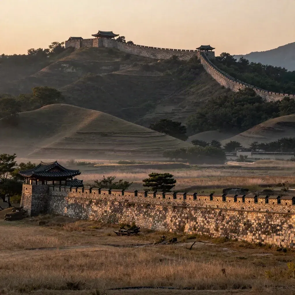 노을빛 성곽 능선과 완만한 구릉이 보이는 경기 남부 풍경
