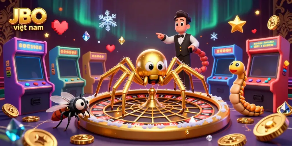 Engage with JBO việt nam in an exciting 3D thoroughfare of gambling fun, highlighting thrilling bets at a roulette wheel.