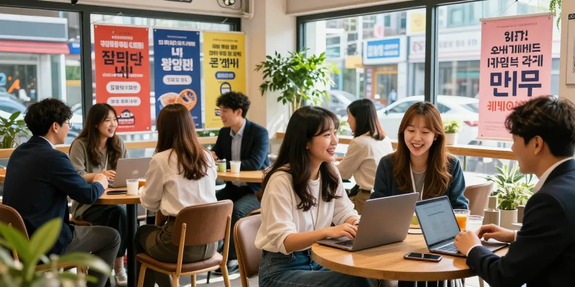 강남의 현대적 카페에서 친구들과 대화 중인 여성, 퀸알바 정보가 담긴 배너가 보입니다.