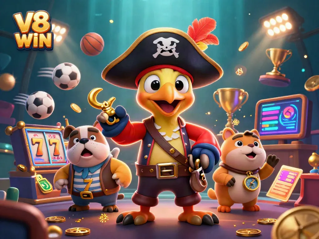 Experience an exciting V8 WIN casino adventure with a pirate captain, bulldog, and cat surrounded by gaming elements.