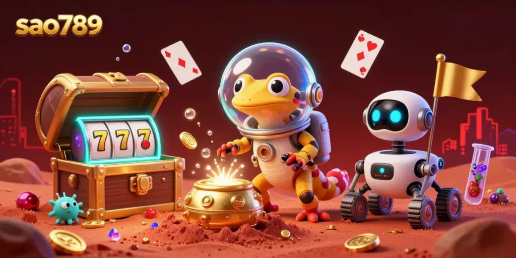 Martian gecko explores the exciting world of sao789 casino filled with treasures and alien cheers.