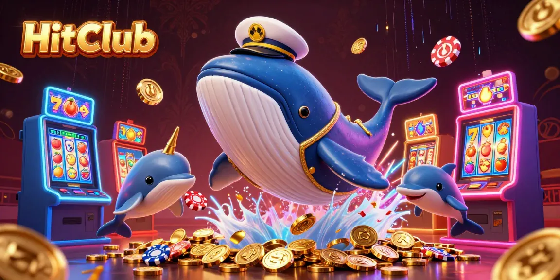 HitClub offers exciting slot games with a whale captain and poker chip dolphins in a vibrant casino scene.
