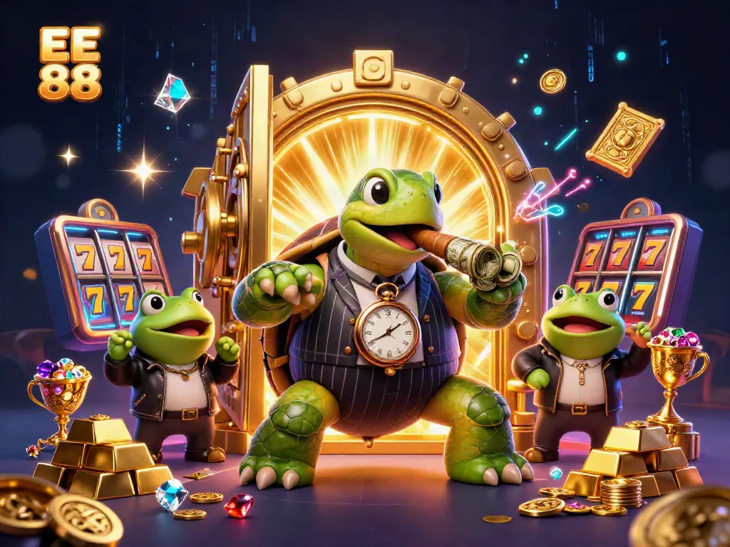 Win big with EE 88 featuring a 3D cartoon turtle and bullfrogs amidst luxurious casino elements