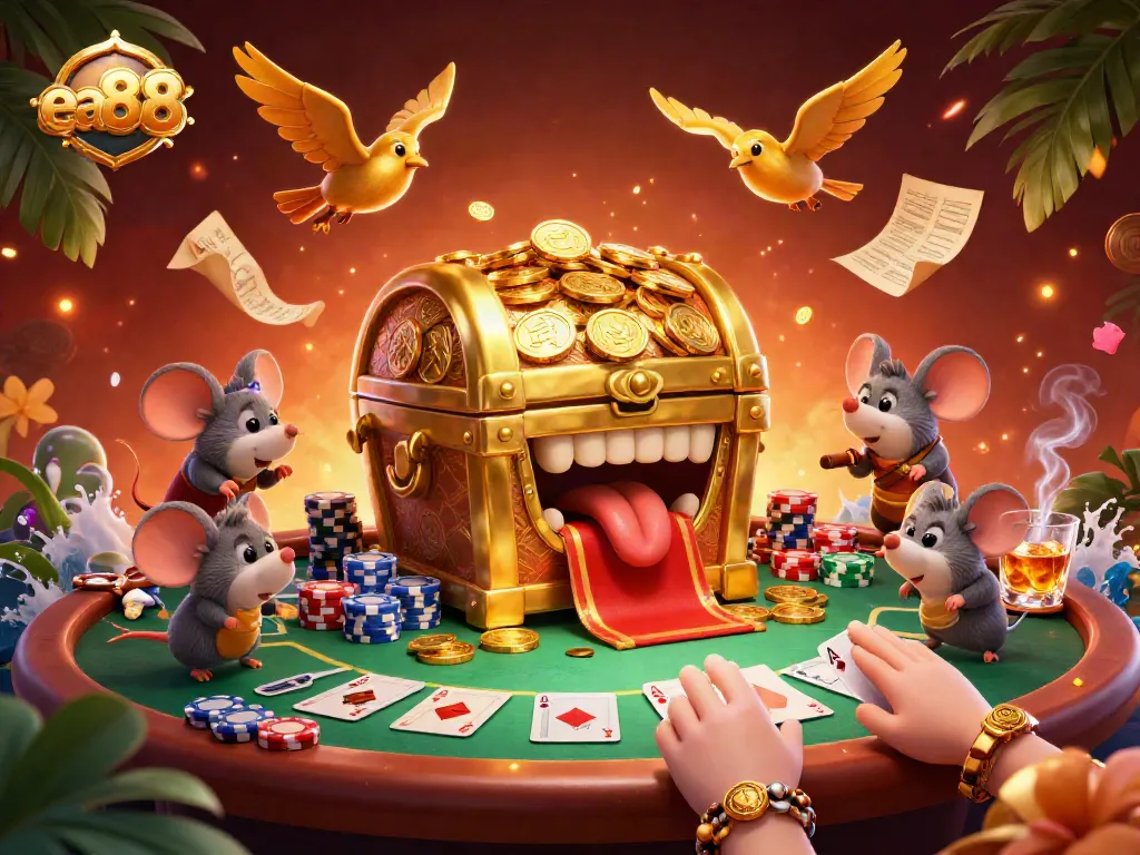 Engage in exciting casino action with a golden treasure chest and poker elements.